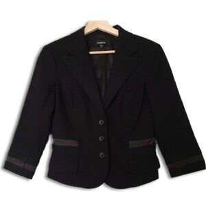 BEBE Cropped Satin Detail 3/4 Sleeve Blazer Jacket Button Front Black Sz 8